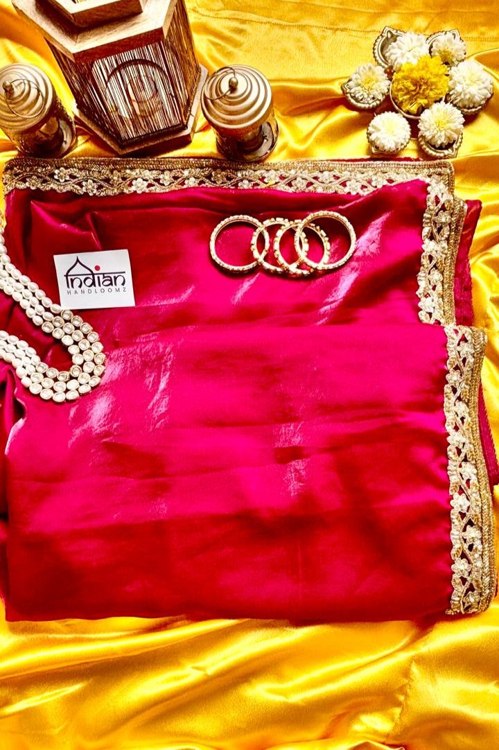 Rosay Reddish Pink in Pure Satin Tissue Saree with Golden Sheen