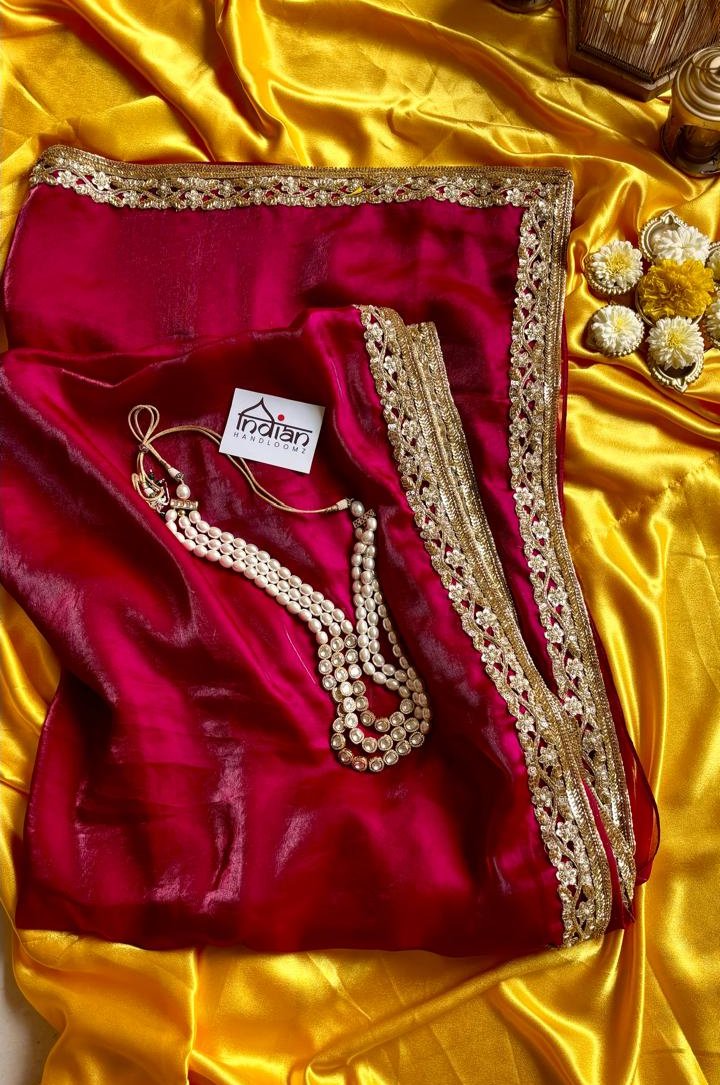 Rosay Reddish Pink in Pure Satin Tissue Saree with Golden Sheen