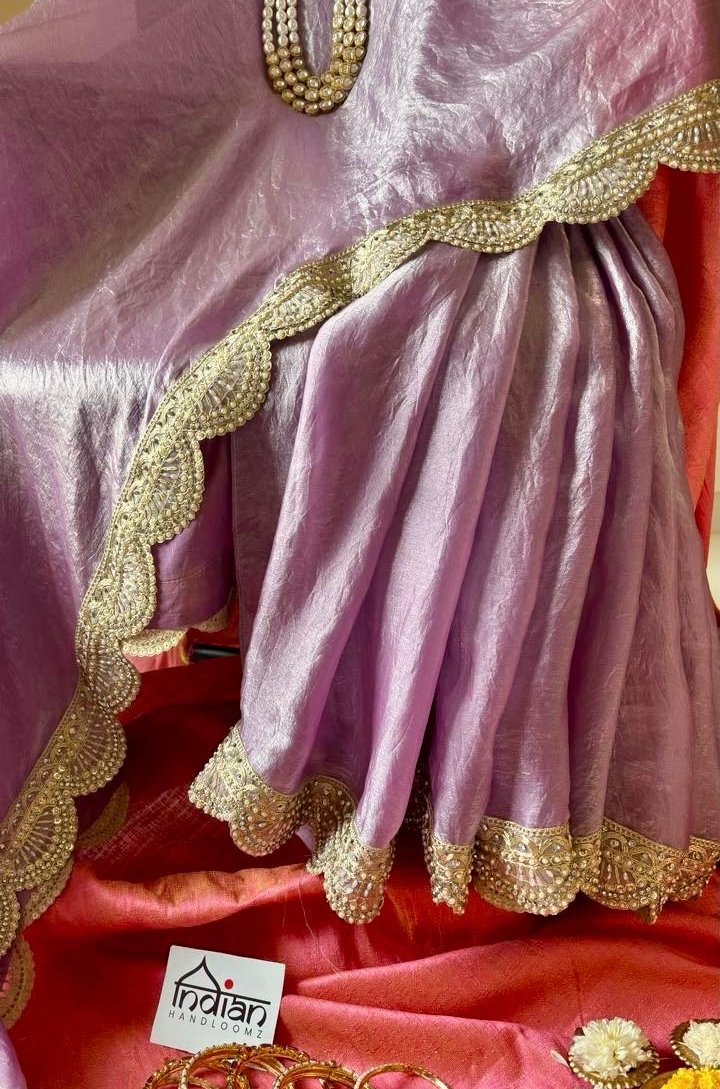 Ilaa Pure Satin Tissue Saree in  bright Lilac Colour with Golden Sheen