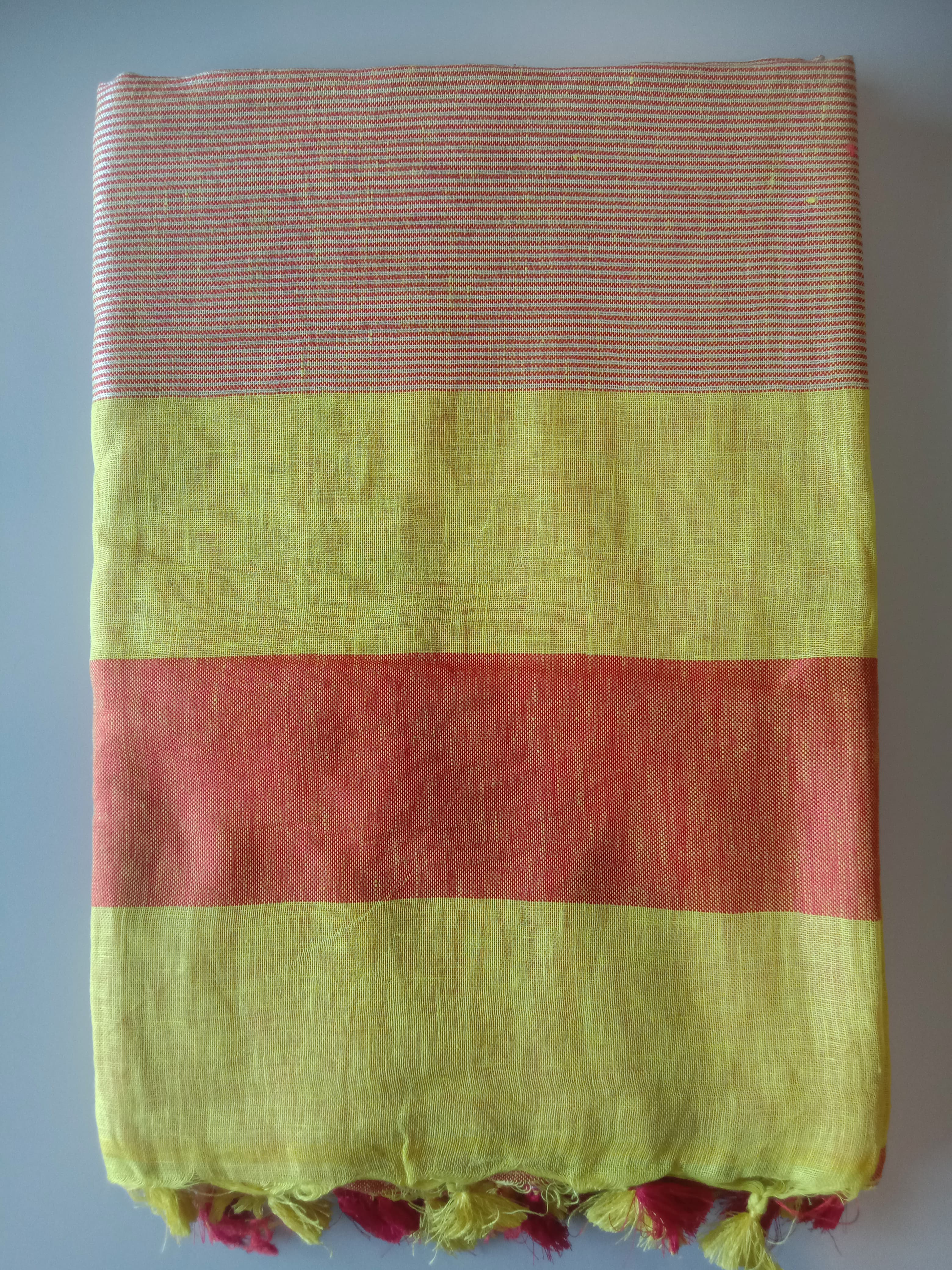 Myra Pure Linen Saree in Yellow & Red with Silver Zari Border