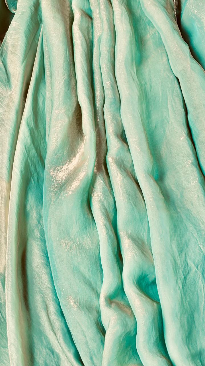 Jalpari Soft Pastel Aqua Marine Green in Pure Satin Tissue Saree with Golden Sheen