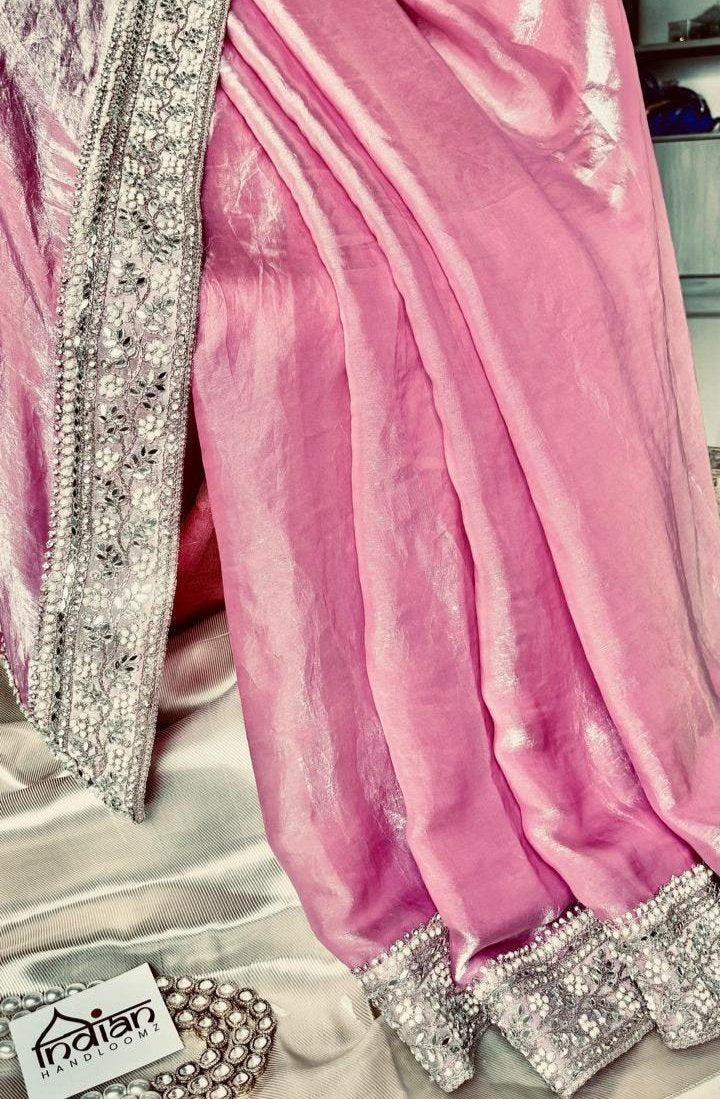 Venus Pure Satin Tissue Saree in Baby Pink Colour with Golden Sheen