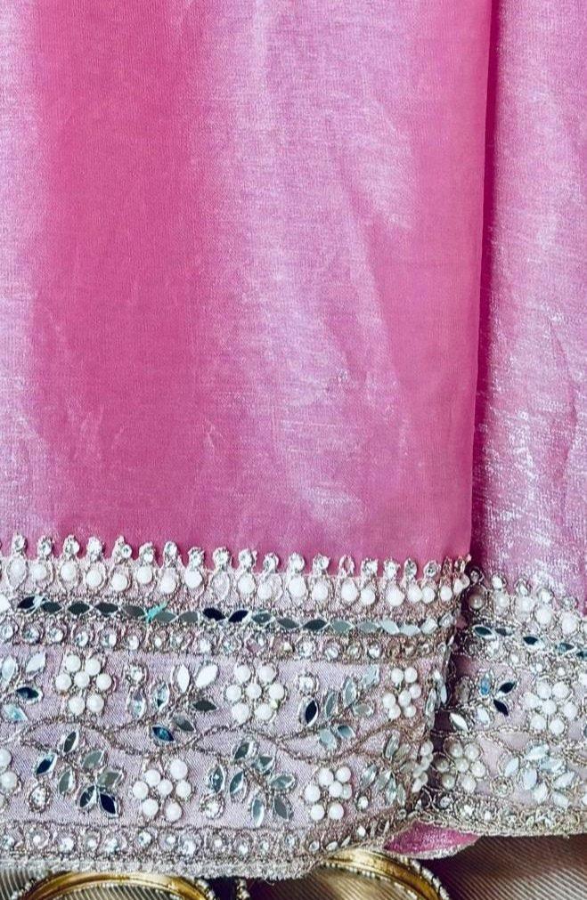 Venus Pure Satin Tissue Saree in Baby Pink Colour with Golden Sheen