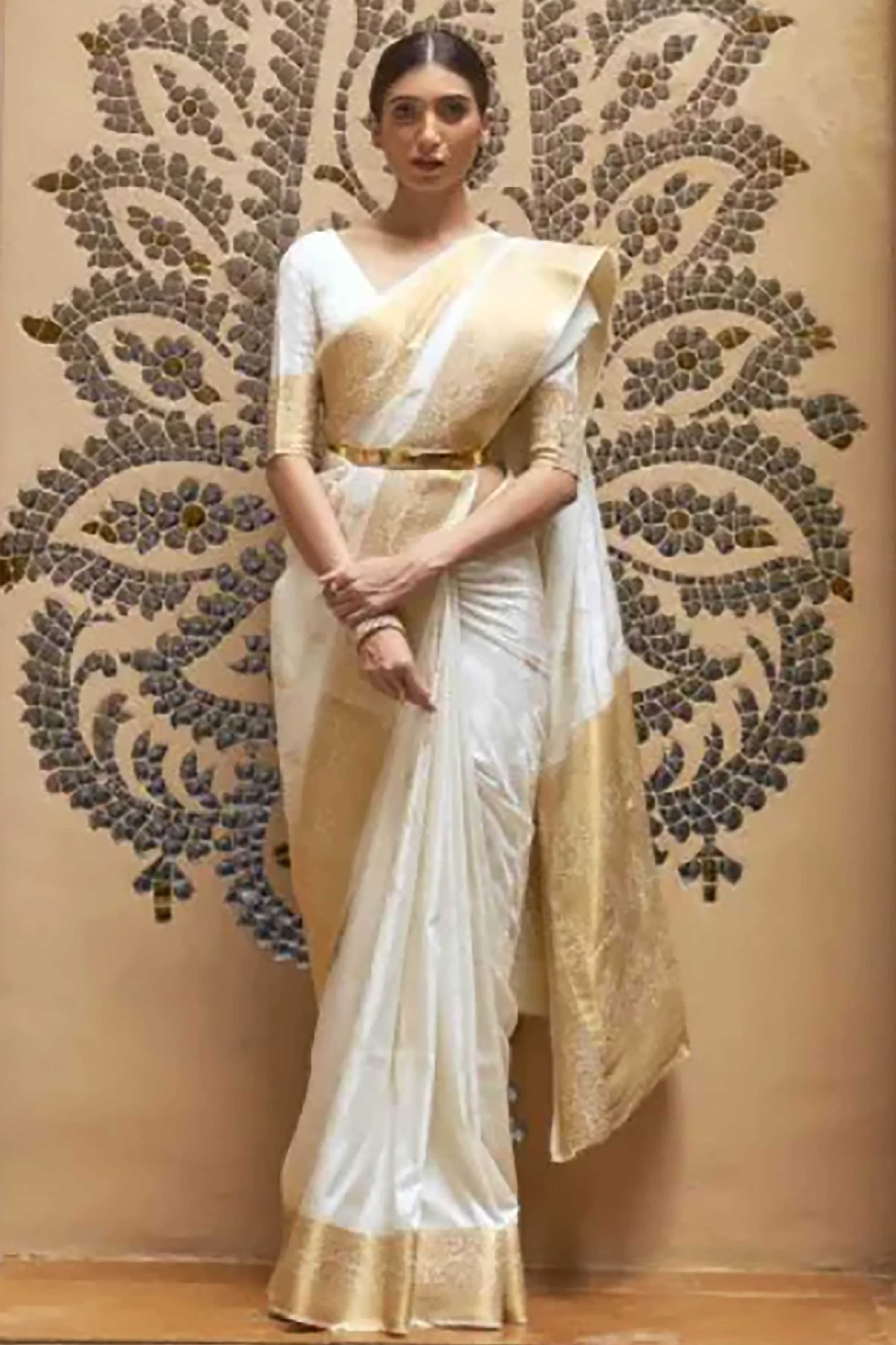 Tvisha Kanchipuram Silk Sarees in Ivory Colour & Golden Zari Border