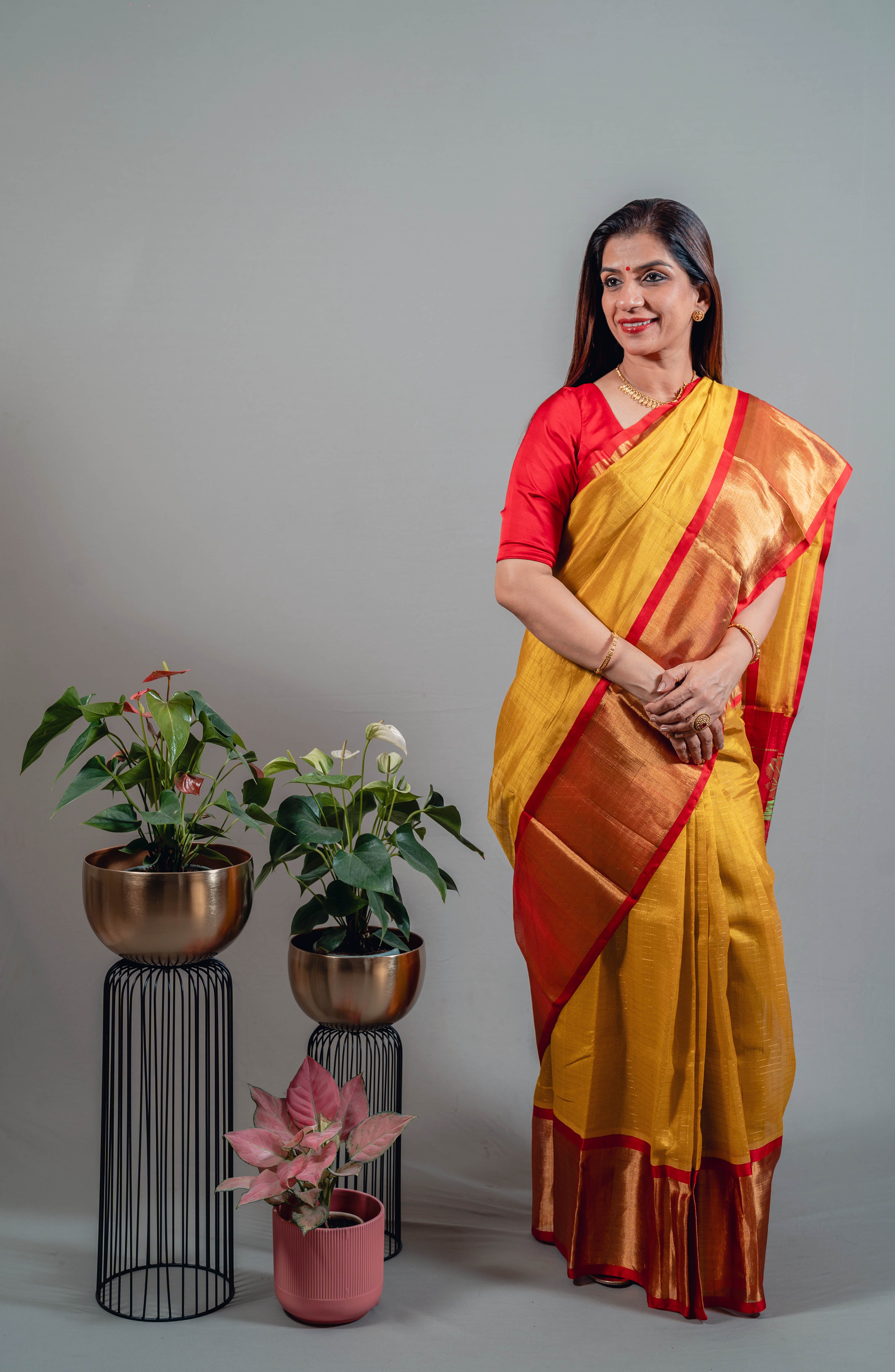 Devyani Pure Silk Kanchi Saree in Golden Yellow with Gold Zari & Red Border