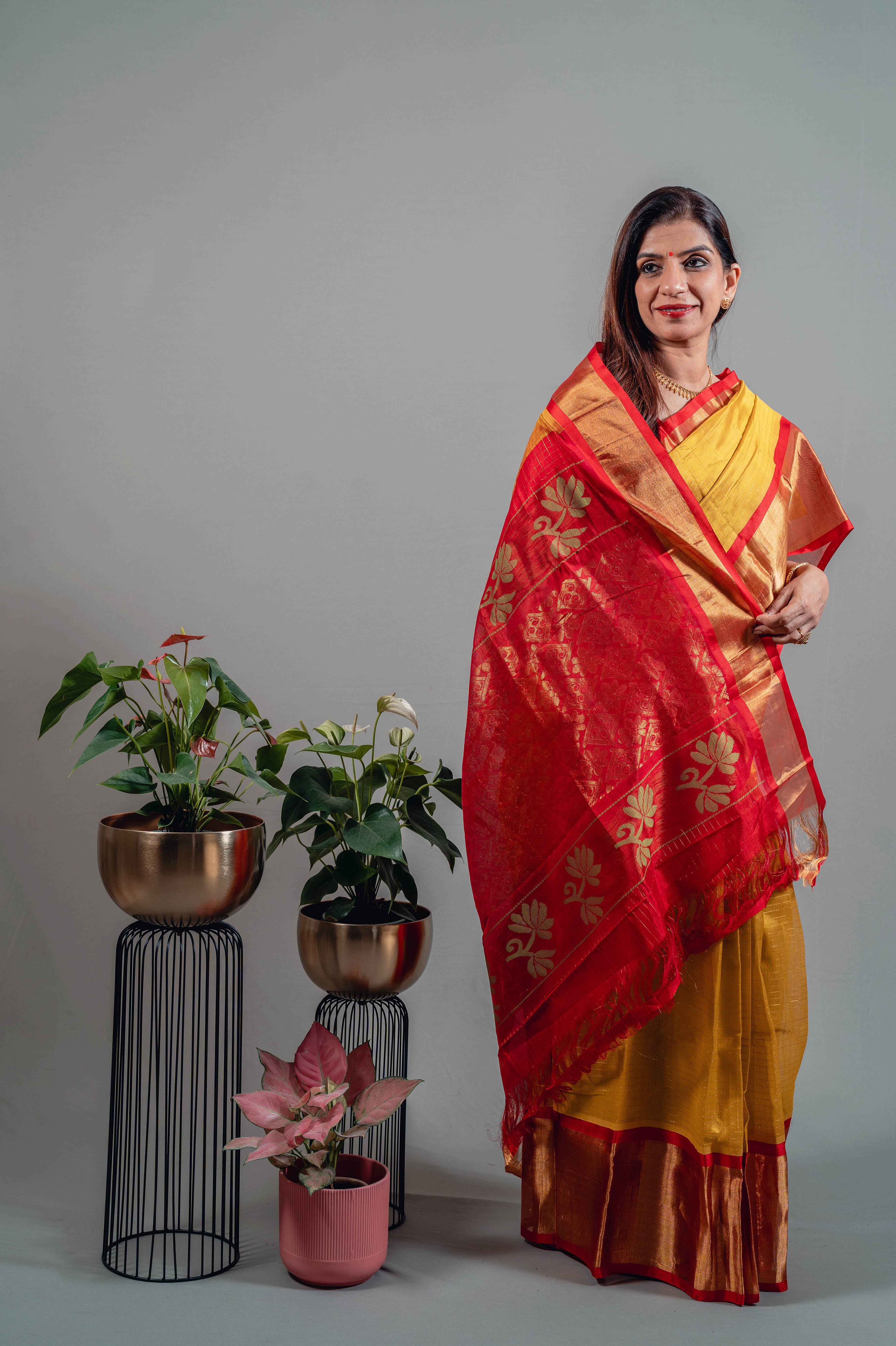 Devyani Pure Silk Kanchi Saree in Golden Yellow with Gold Zari & Red Border