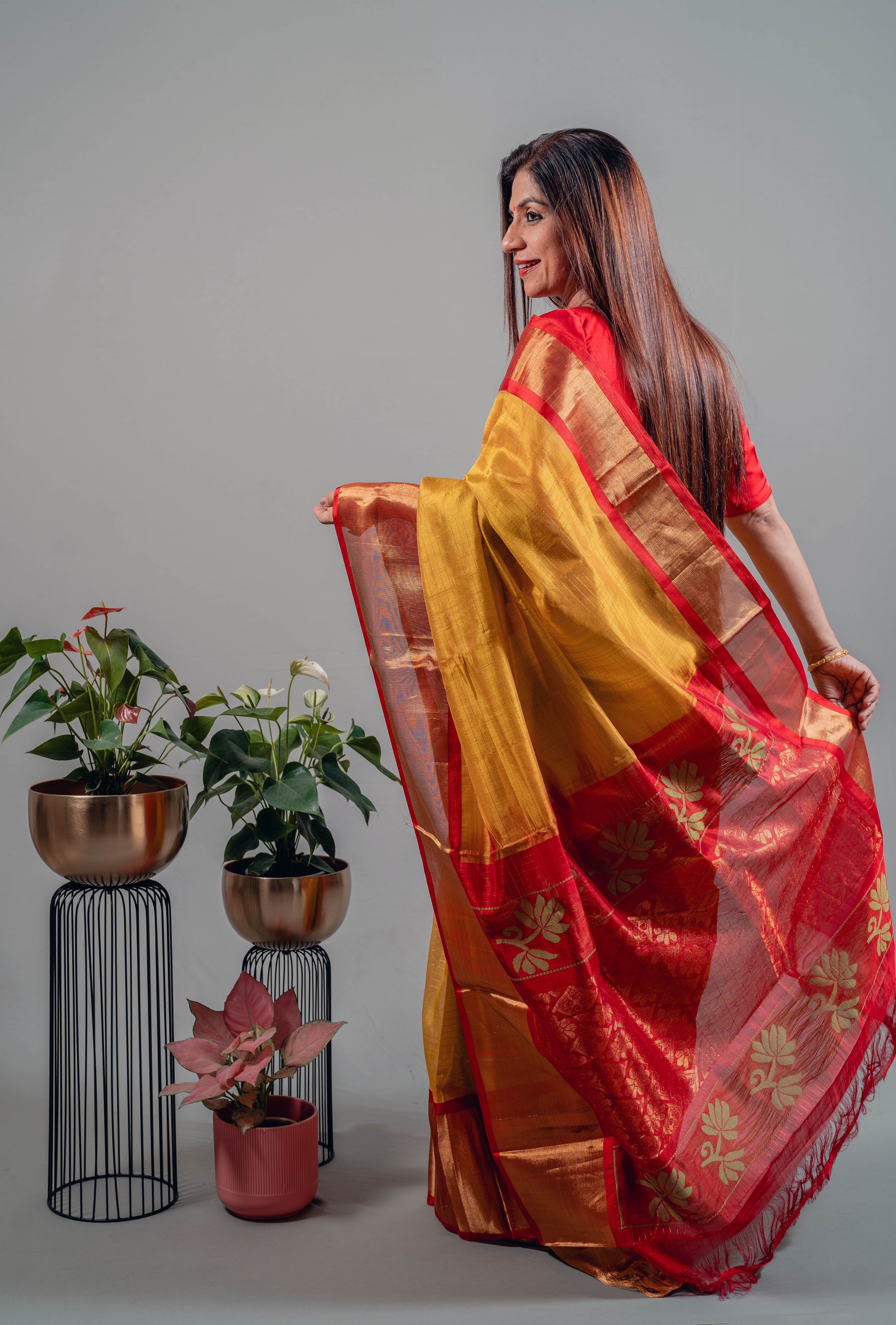 Devyani Pure Silk Kanchi Saree in Golden Yellow with Gold Zari & Red Border