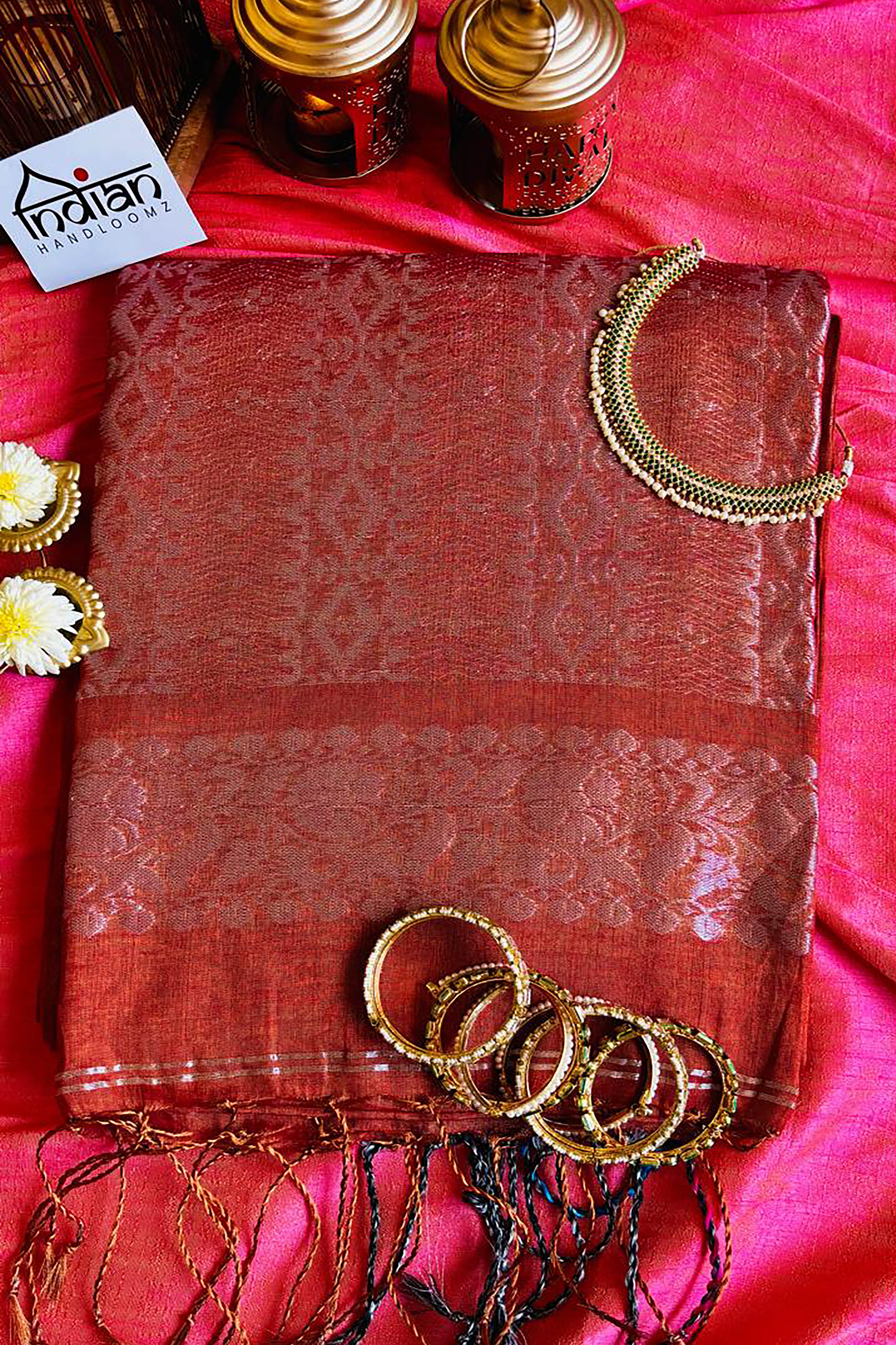 Surkhi Tissue Linen Saree with Banarasi Weave in Two Tone Shades of Reddish Pink with Golden