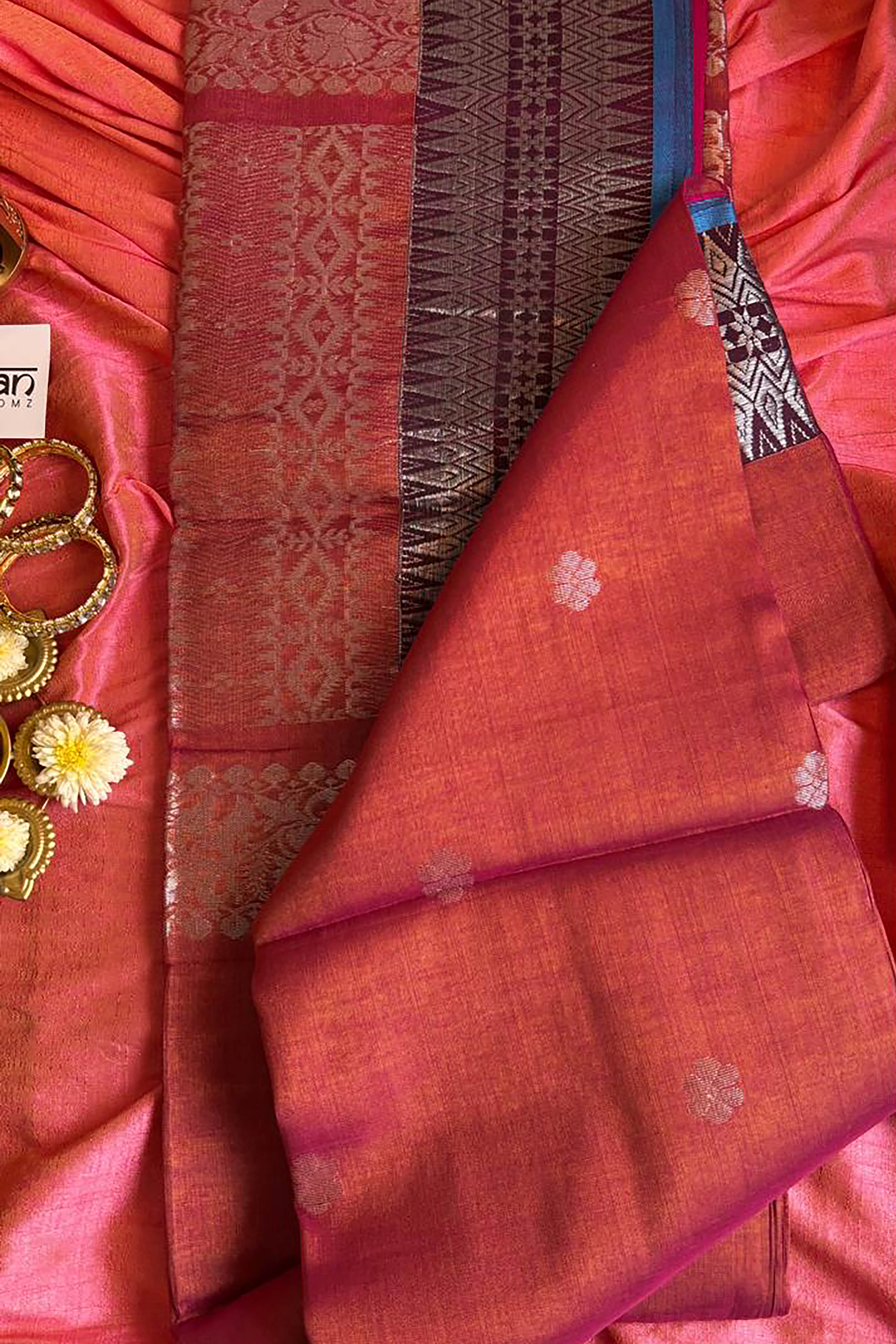 Surkhi Tissue Linen Saree with Banarasi Weave in Two Tone Shades of Reddish Pink with Golden