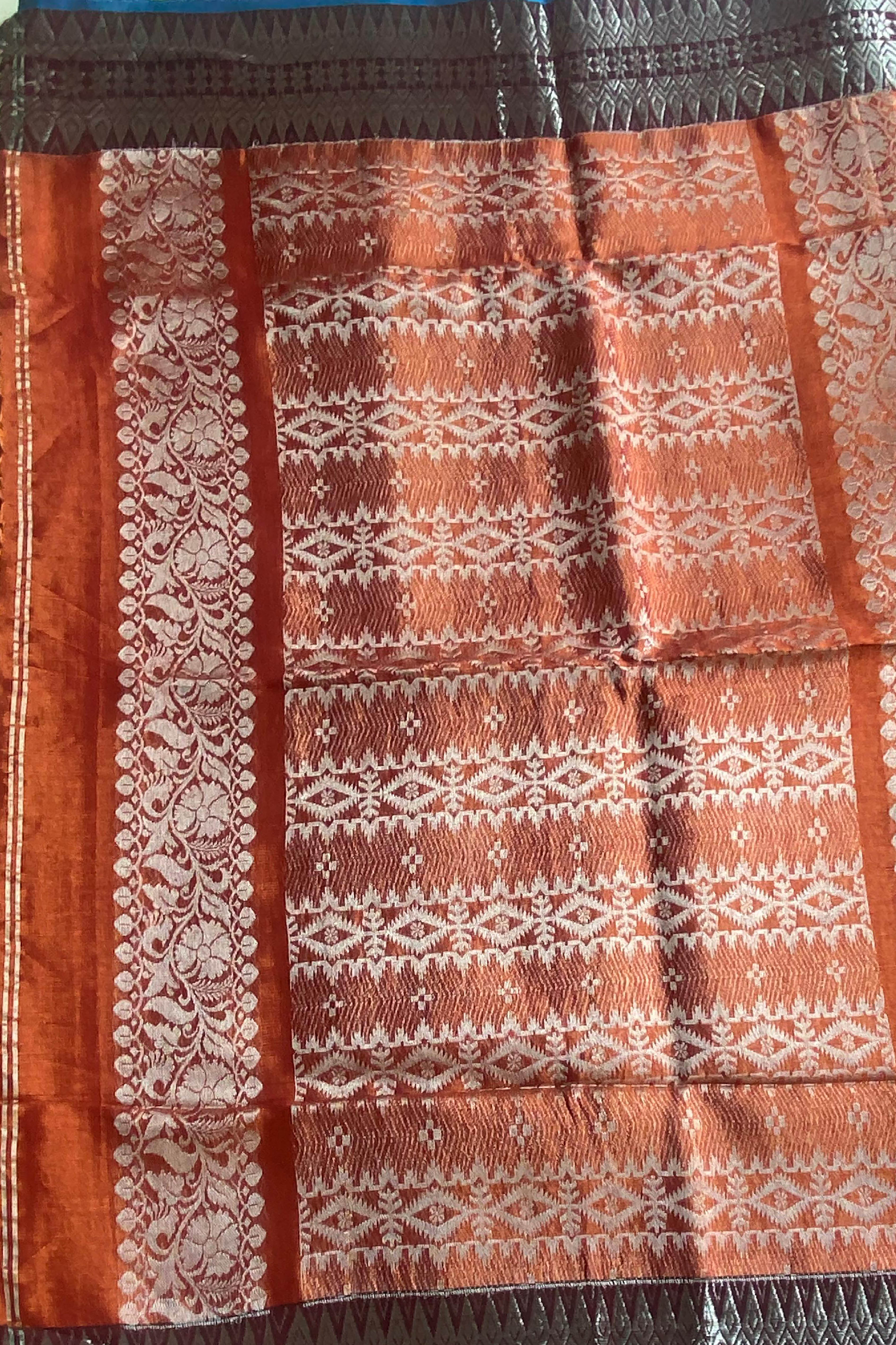 Reewa Tissue Linen Saree with Banarasi Weave in Two Tone Shades of Rust & Golden