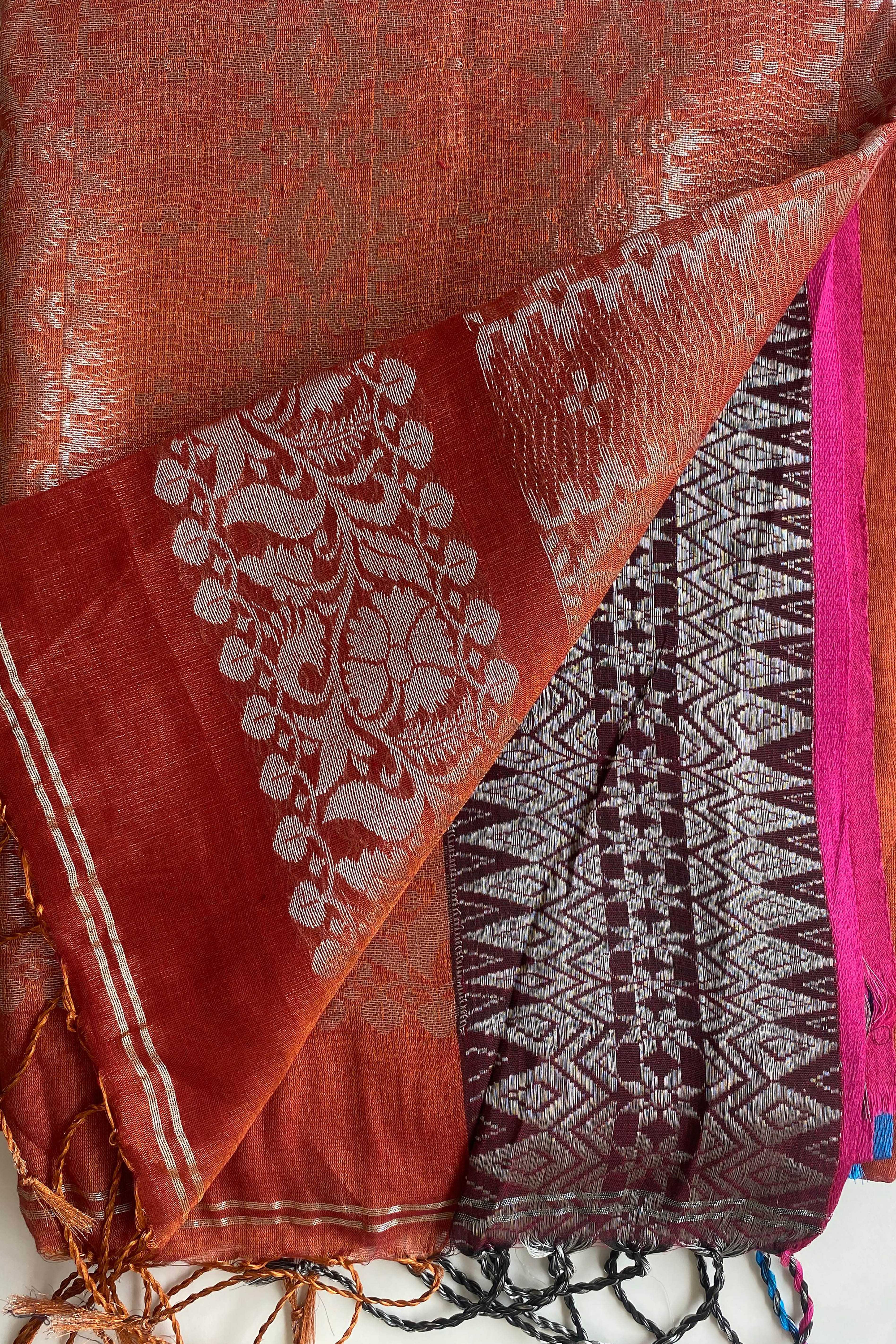 Reewa Tissue Linen Saree with Banarasi Weave in Two Tone Shades of Rust & Golden