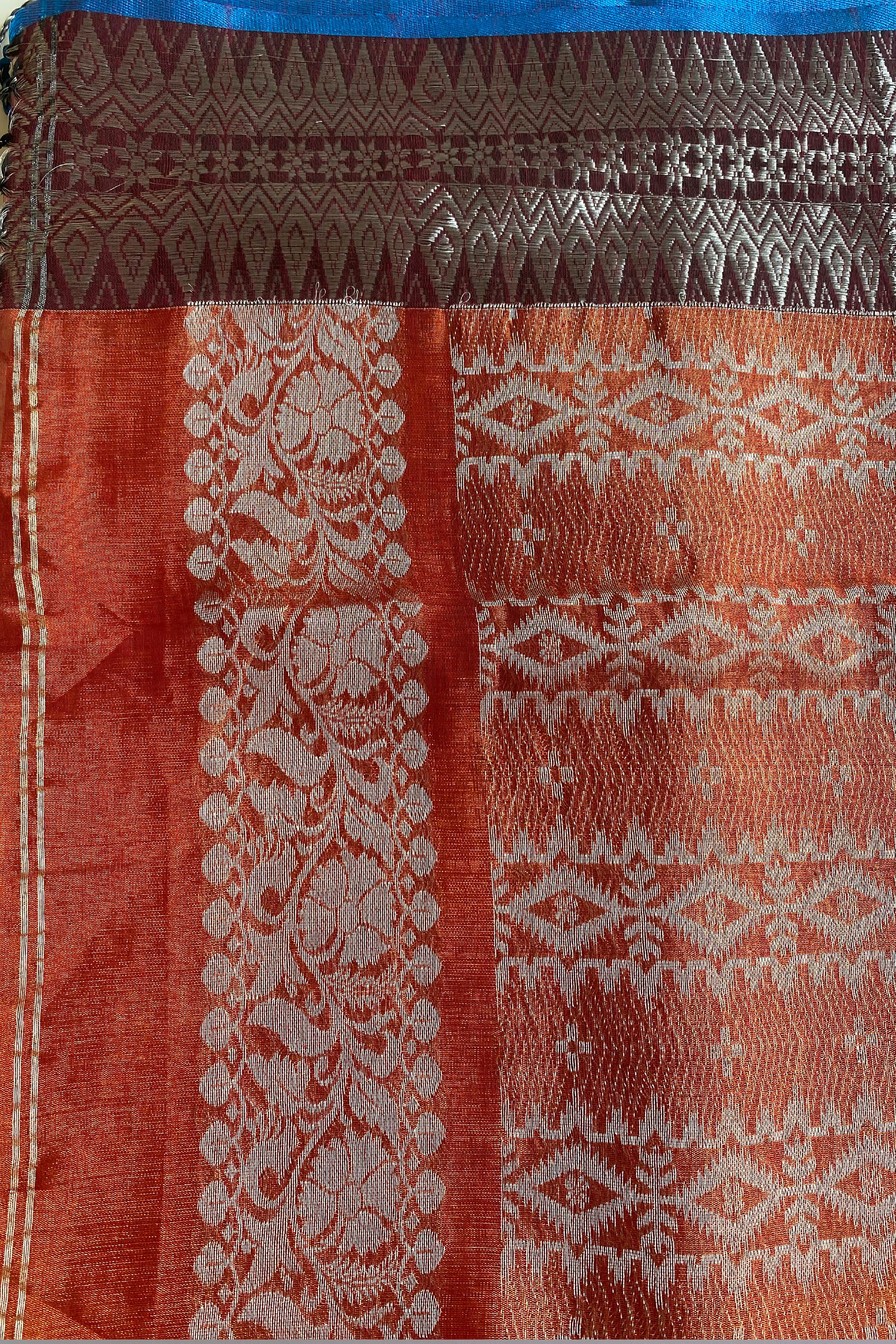 Reewa Tissue Linen Saree with Banarasi Weave in Two Tone Shades of Rust & Golden