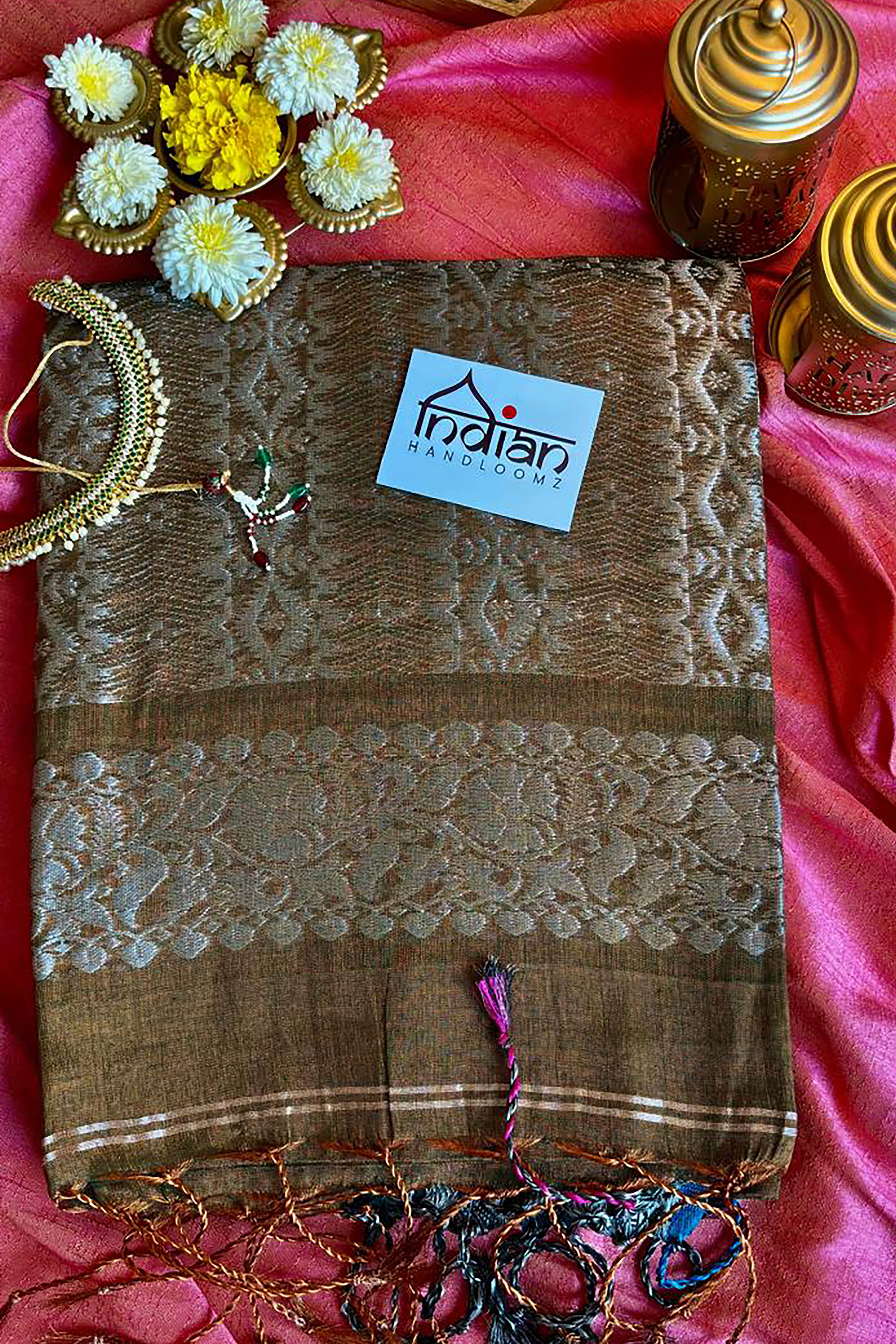 Sharmila Tissue Linen Saree with Banarasi Weave in Two Tone Shades of Green & Brown