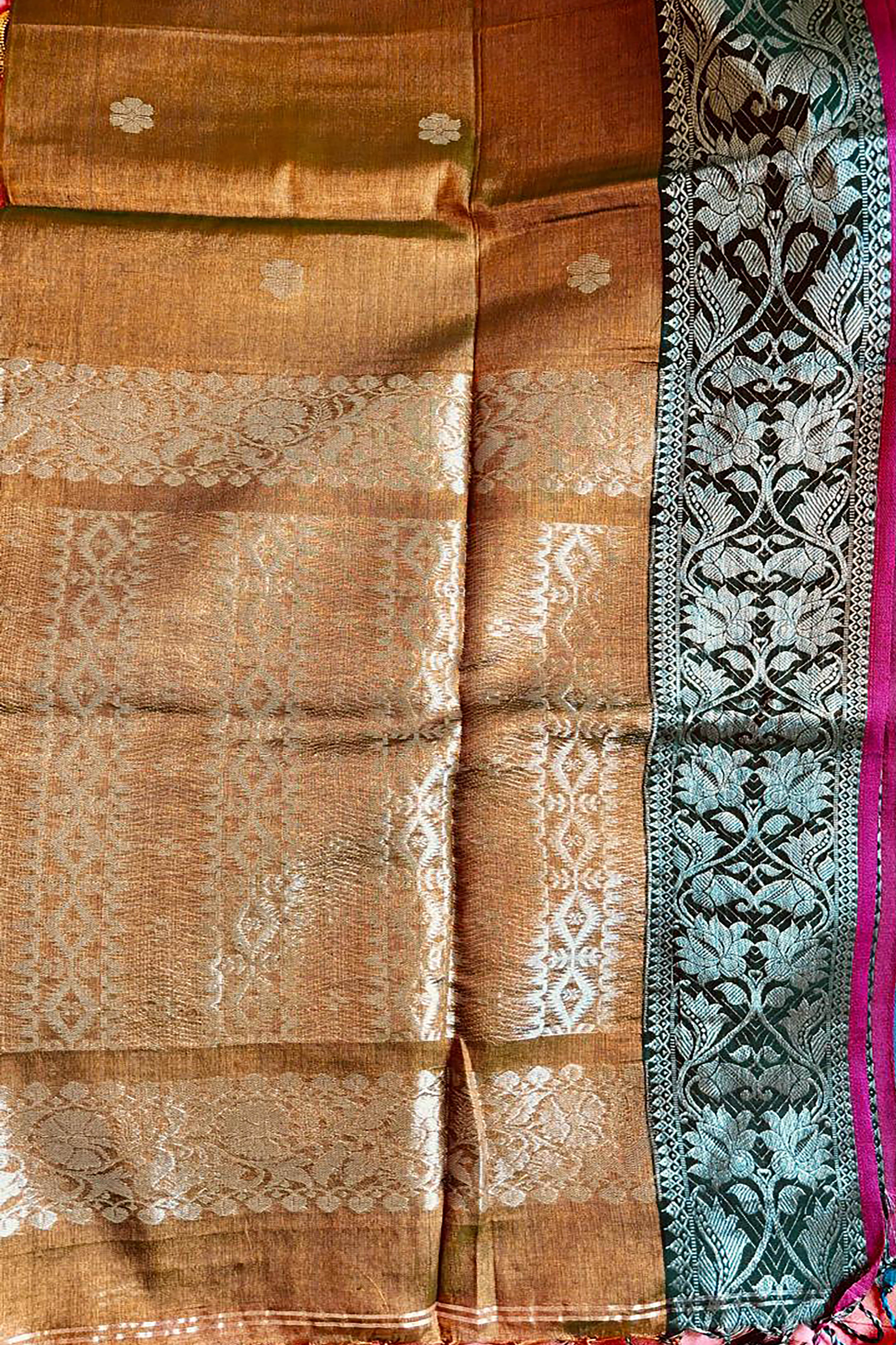 Sharmila Tissue Linen Saree with Banarasi Weave in Two Tone Shades of Green & Brown