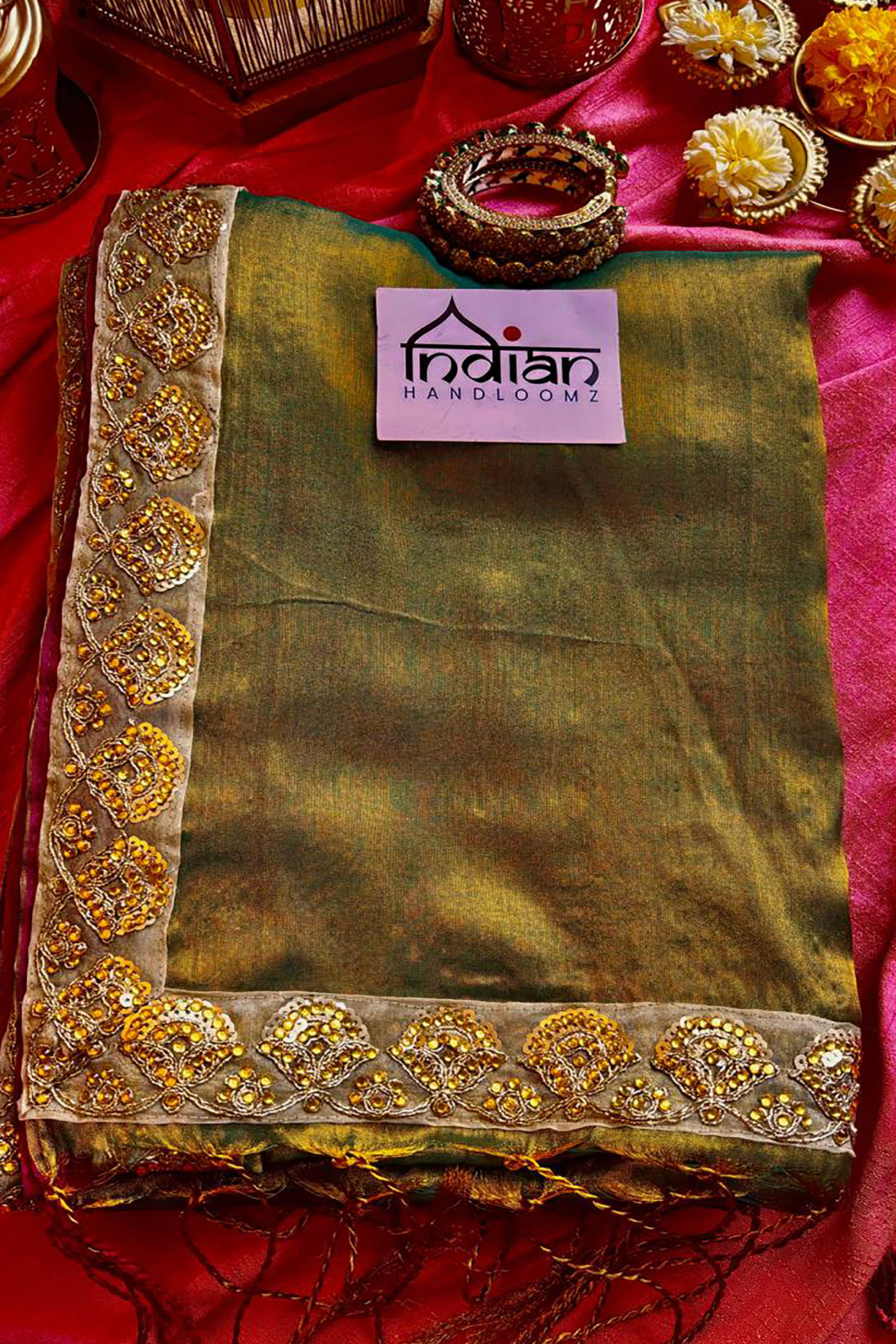 Jhilmil Pure Tissue Linen Saree in Light Mehendi & Golden Colour with Zardosi Border