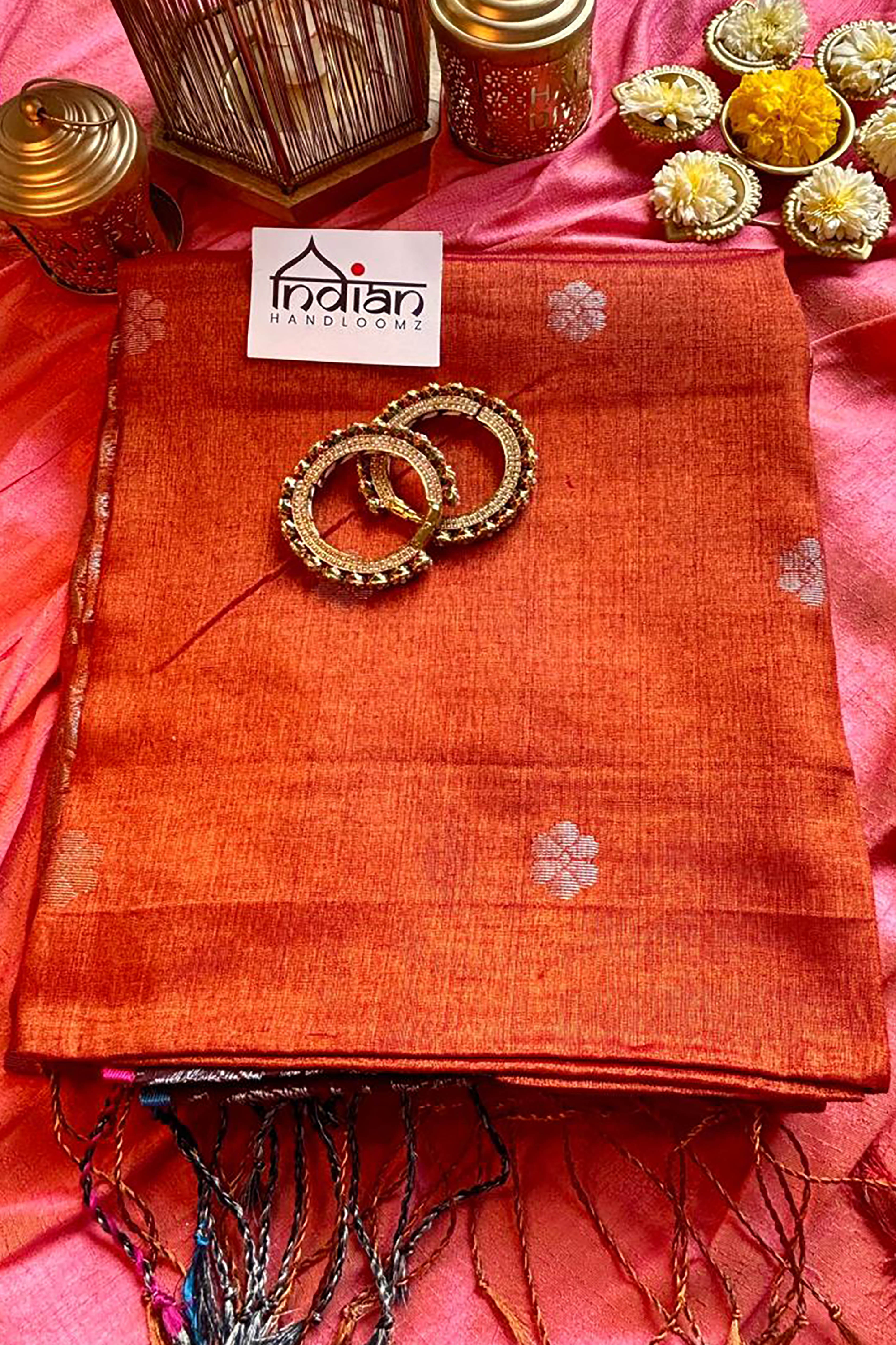 Reewa Tissue Linen Saree with Banarasi Weave in Two Tone Shades of Rust & Golden