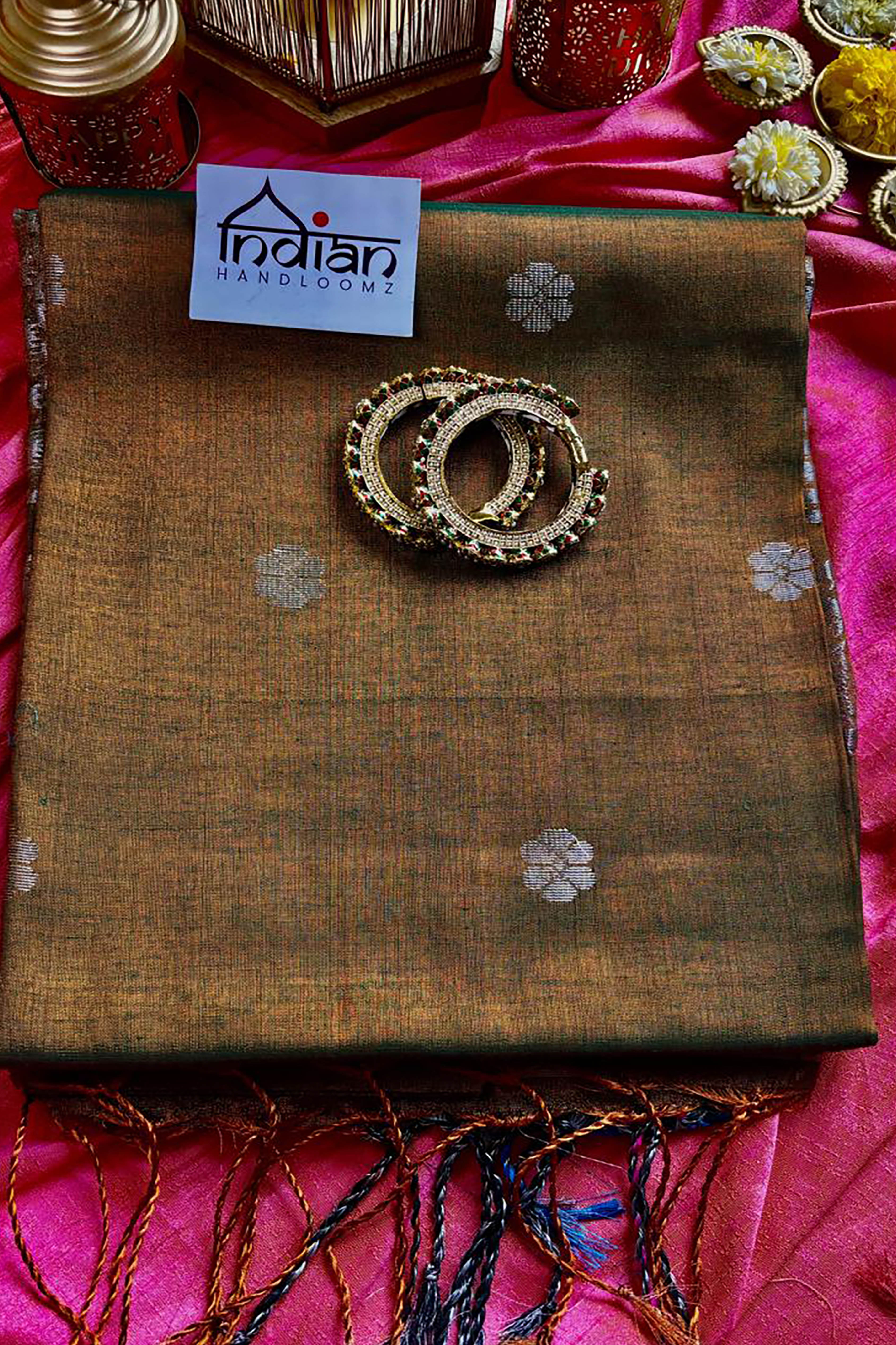 Sharmila Tissue Linen Saree with Banarasi Weave in Two Tone Shades of Green & Brown