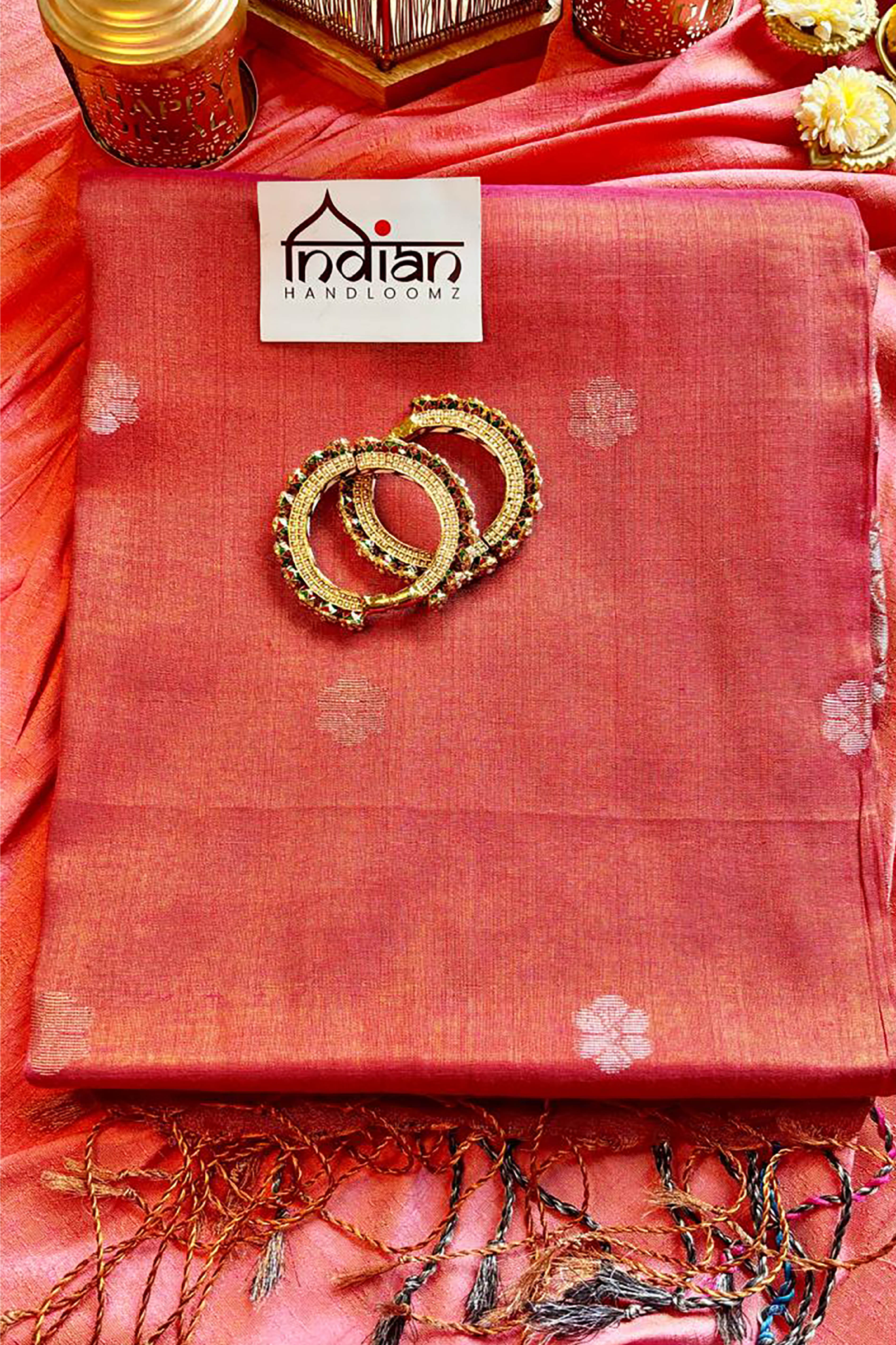 Surkhi Tissue Linen Saree with Banarasi Weave in Two Tone Shades of Reddish Pink with Golden