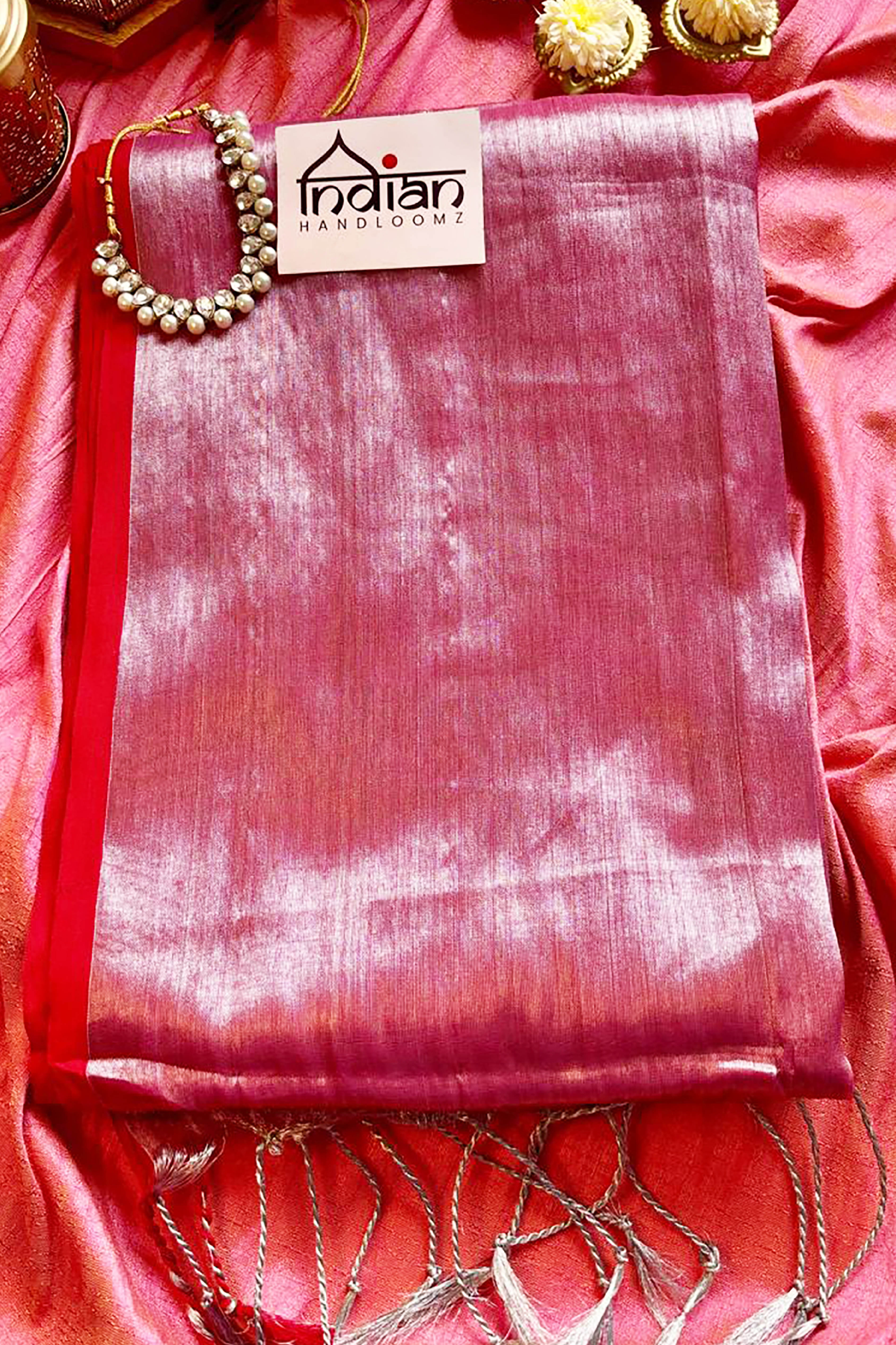 Megha Pure Tissue Linen Saree in Rose Red Colour