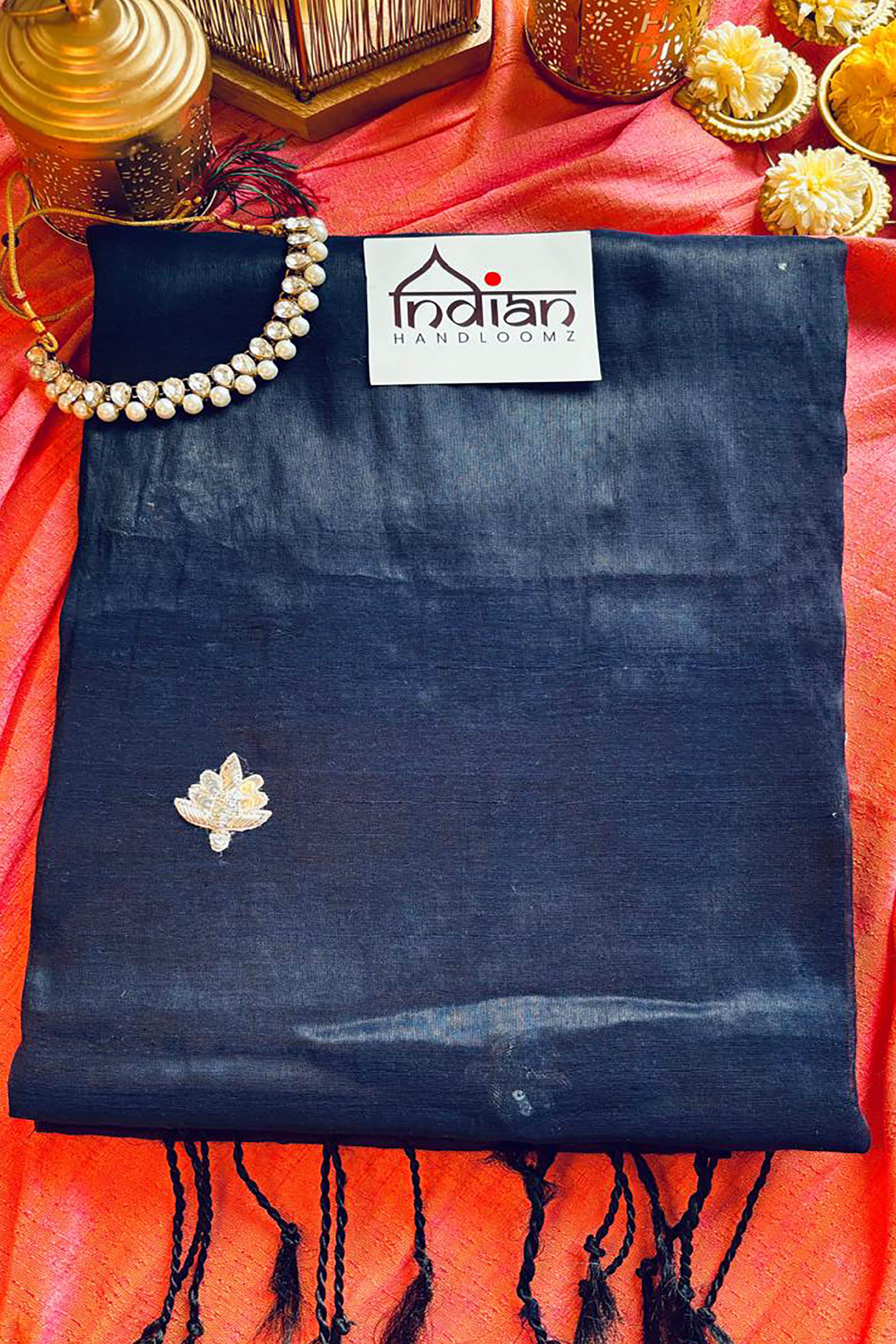 Ahana Pure Tissue Linen Saree in Navy Blue Colour with Silver Floral Embroidery