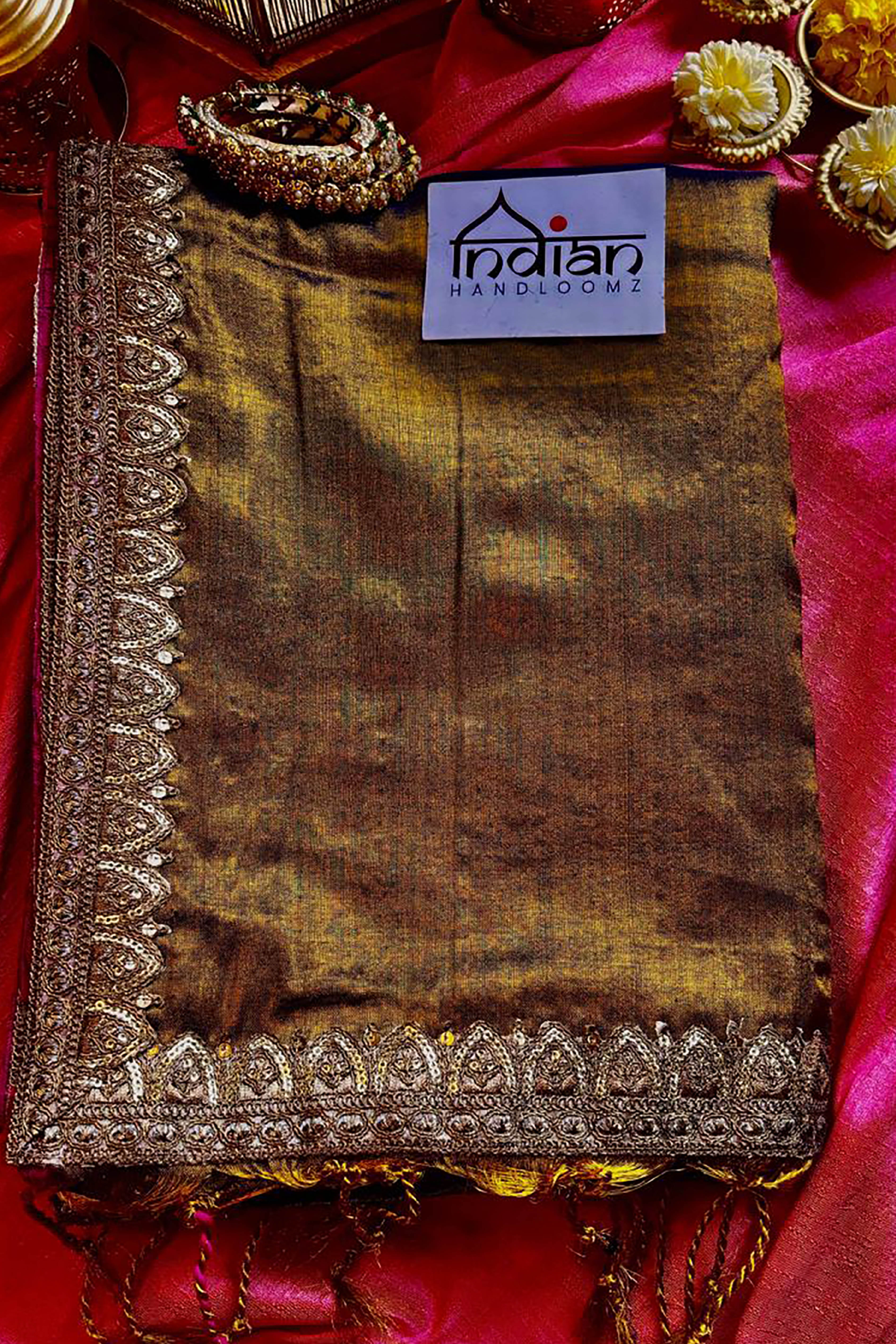 Arini Pure Tissue Linen Saree in Antique Gold Colour with Antique Border