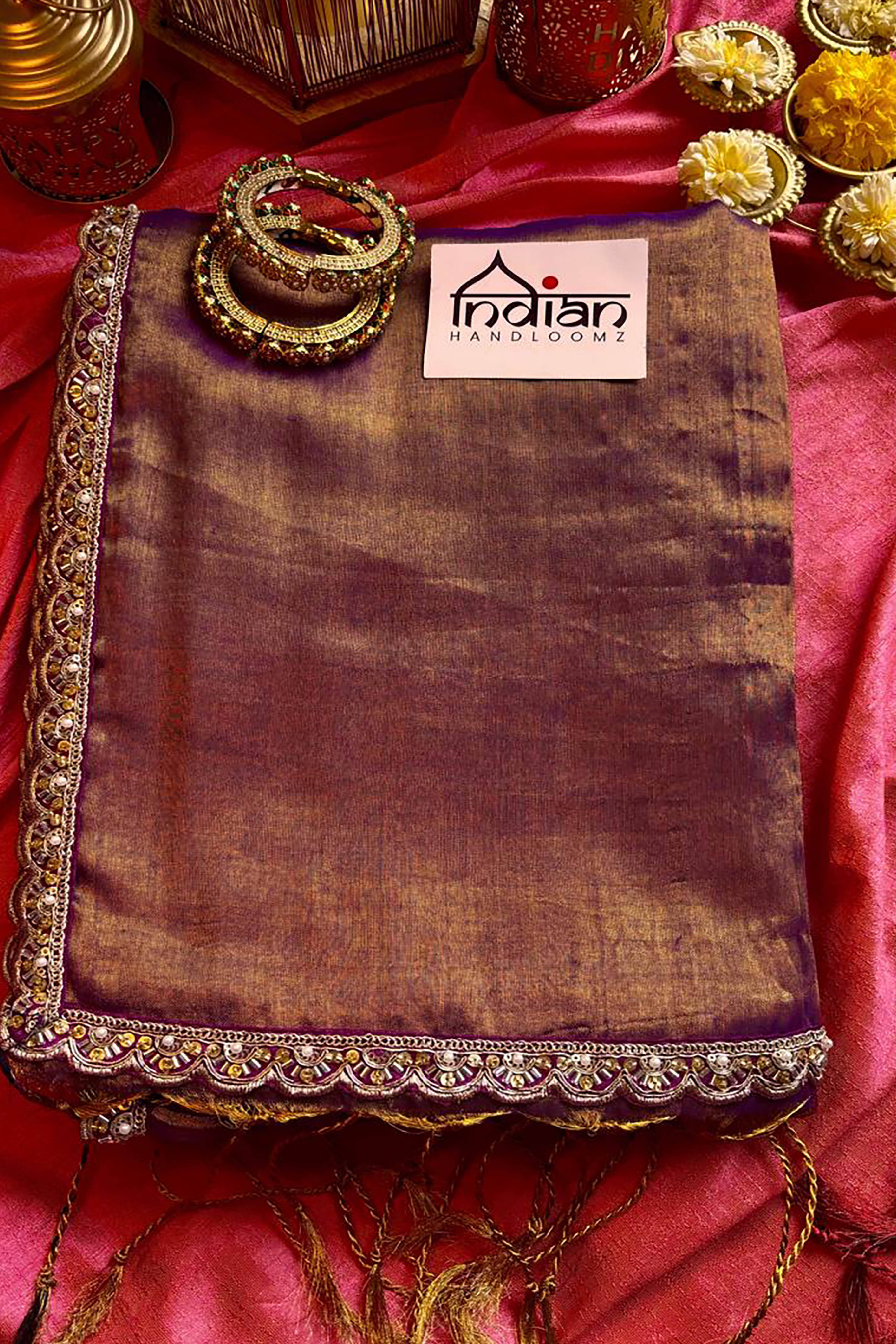 Urja Pure Tissue Linen Saree in Purple & Gold Shades with Zardosi Border & Pearl Embedded