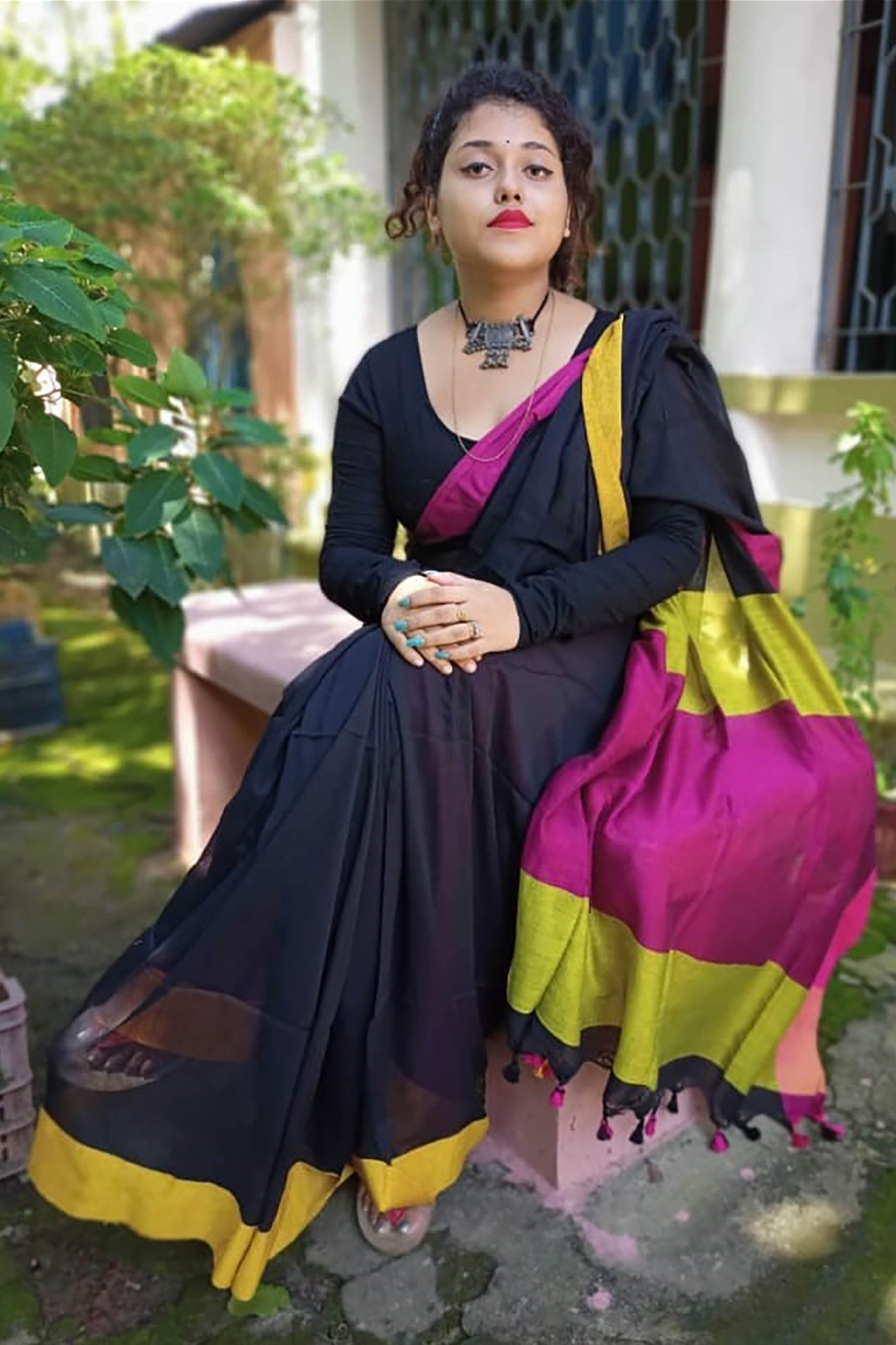 Neelima Pure Handwoven Khadi Cotton Saree in Deep Black Body with Green & Pink Borders