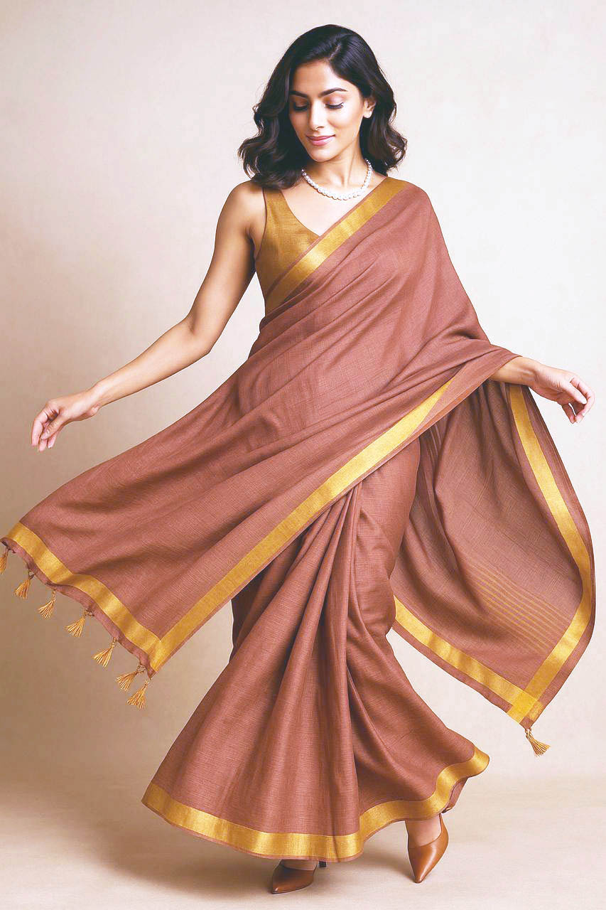 Alya Kota cotton Saree in Copper Brown Colour with Golden Border