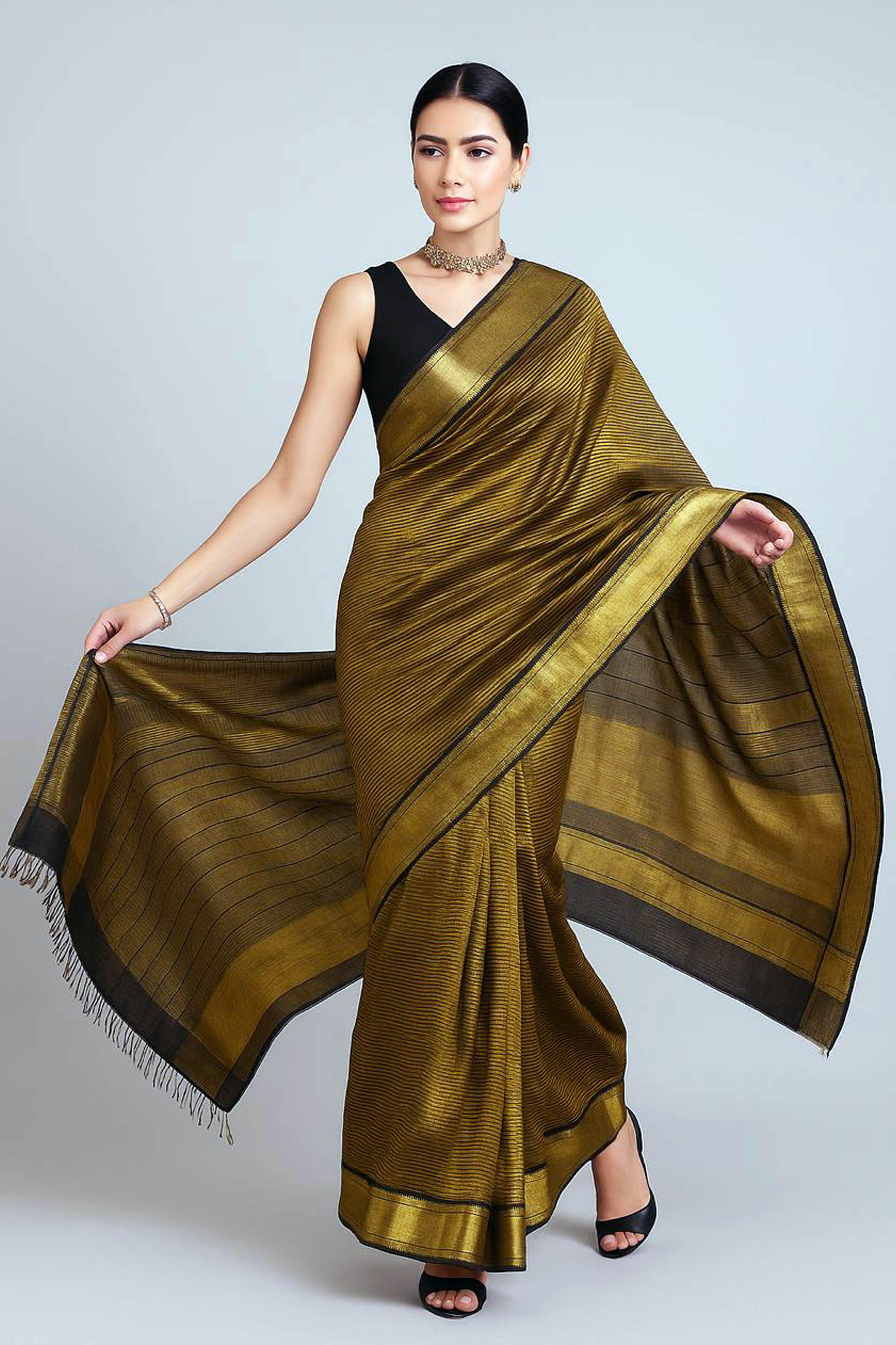 Kareena Golden Musted Yellow Maheshwari Silk Cotton Tissue Saree