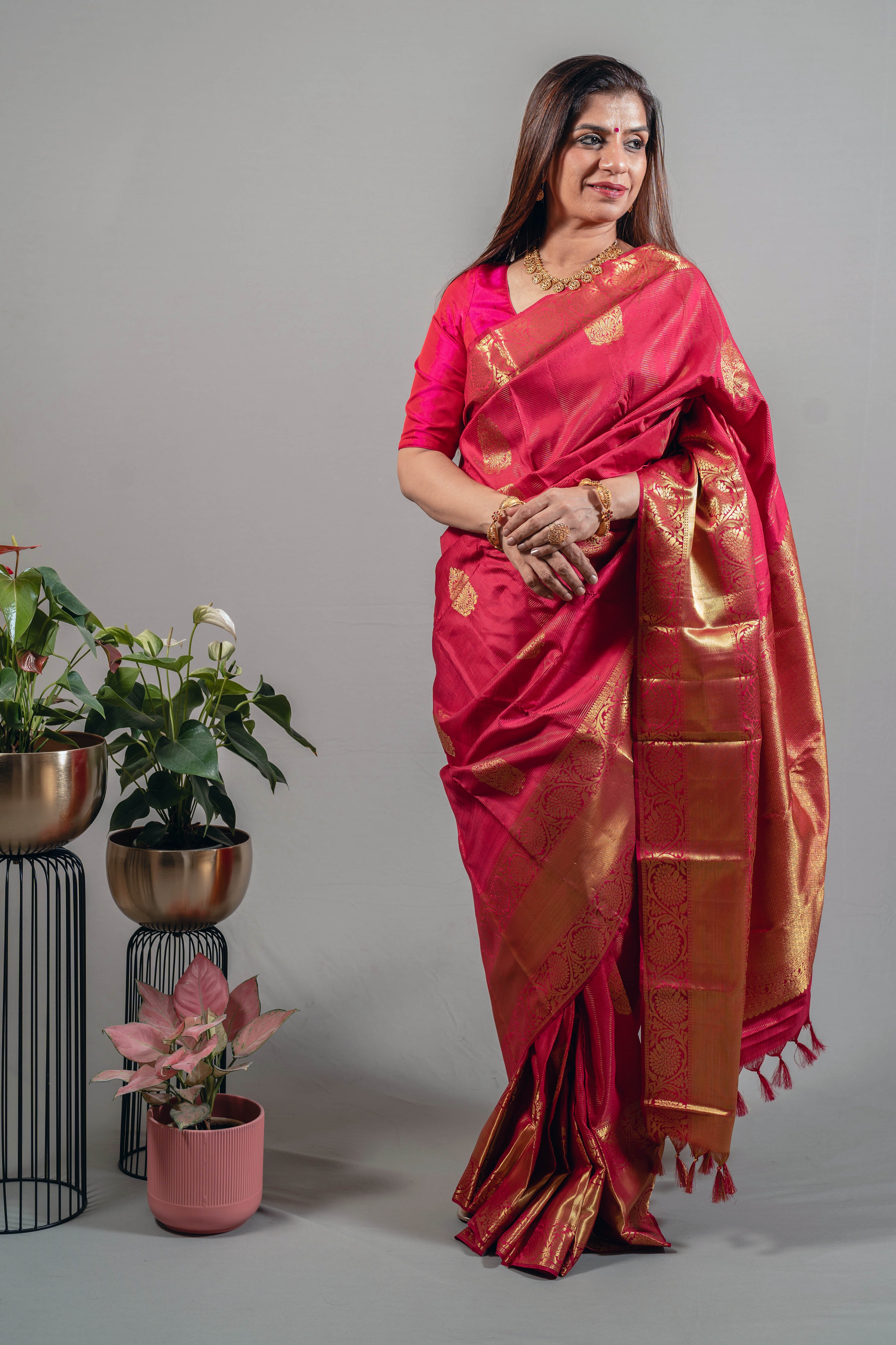 Mahek Pure Silk Kanjivaram Saree in Bright Dark Pink with Golden Lotus Motifs