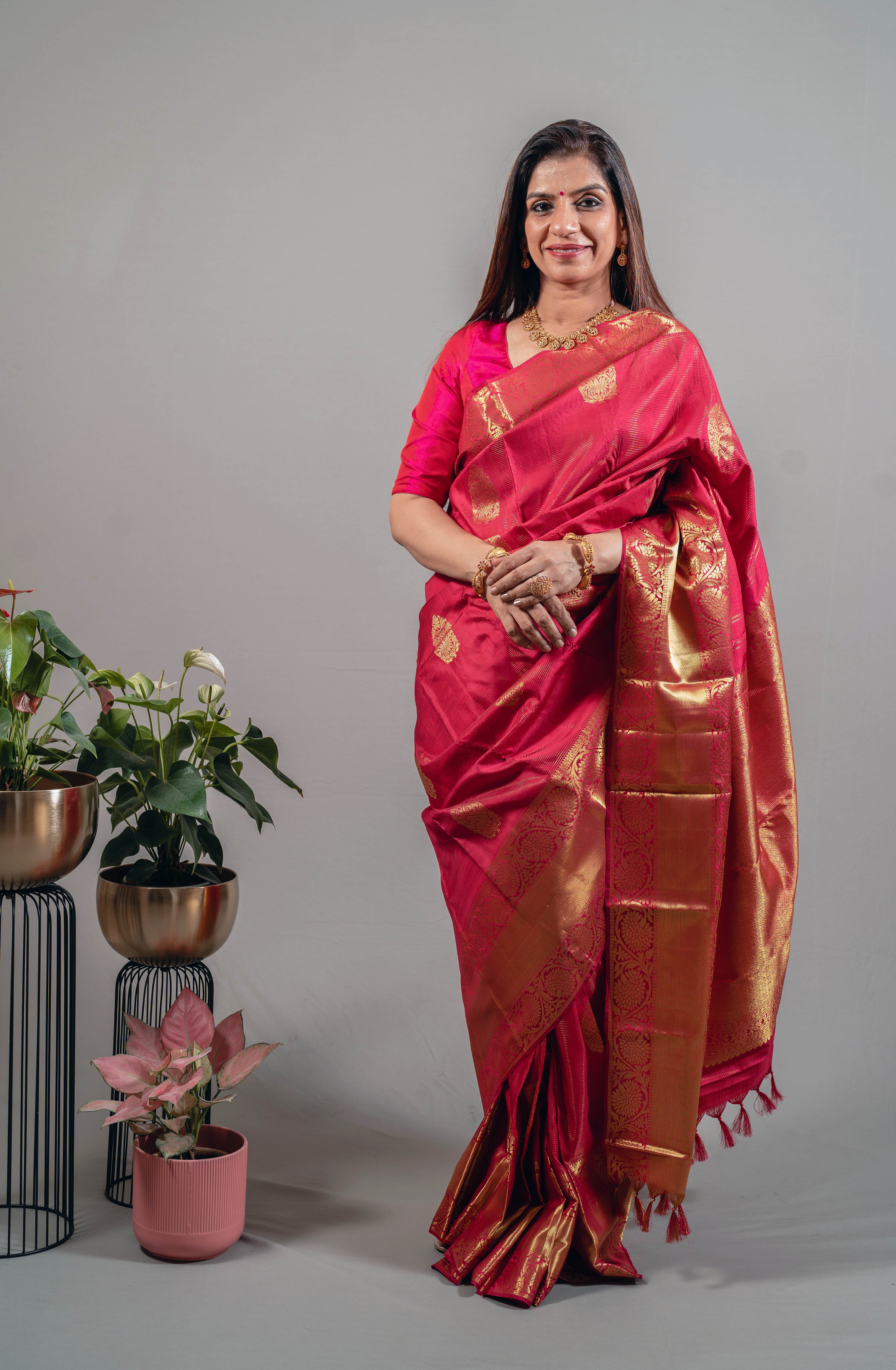 Mahek Pure Silk Kanjivaram Saree in Bright Dark Pink with Golden Lotus Motifs