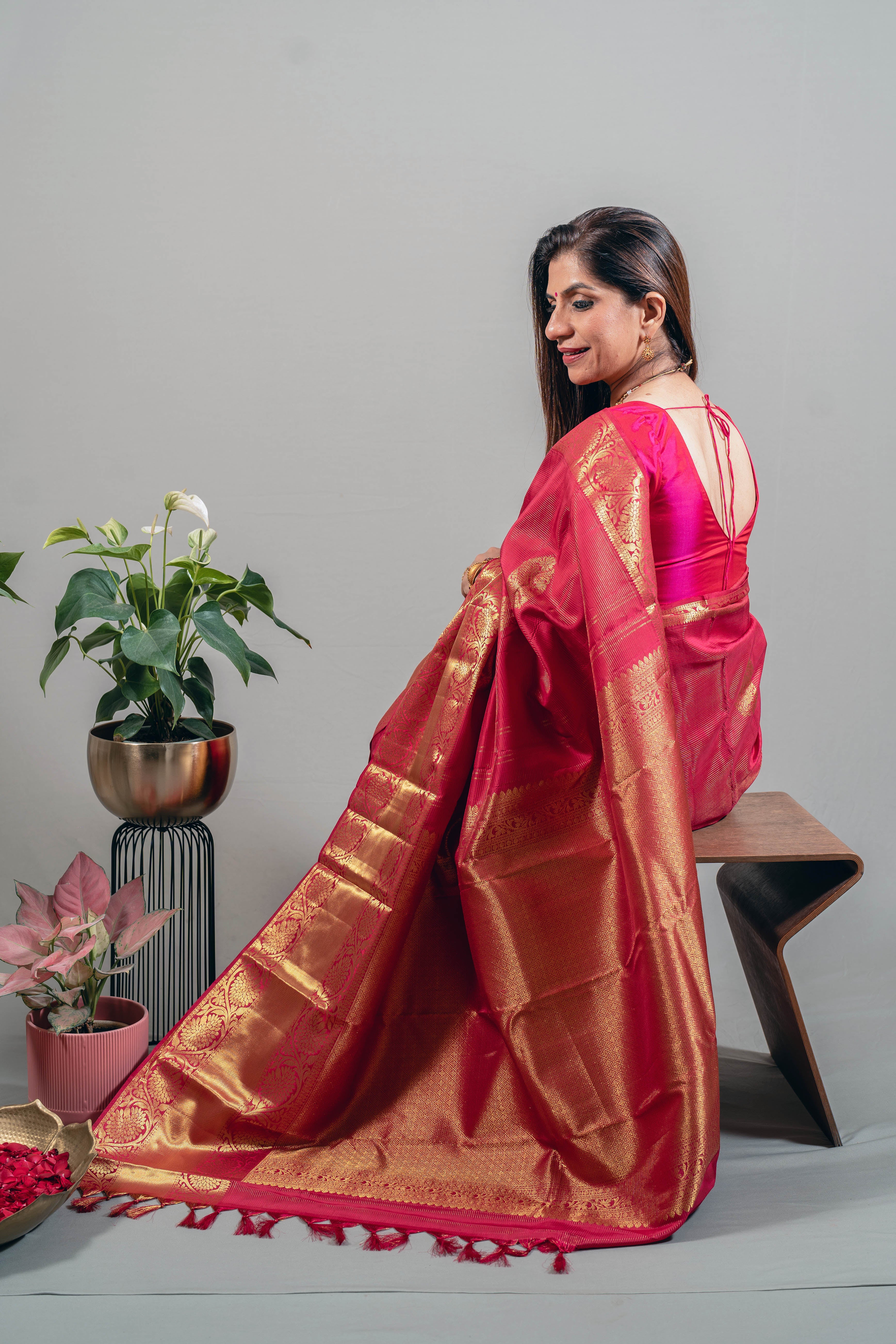 Mahek Pure Silk Kanjivaram Saree in Bright Dark Pink with Golden Lotus Motifs